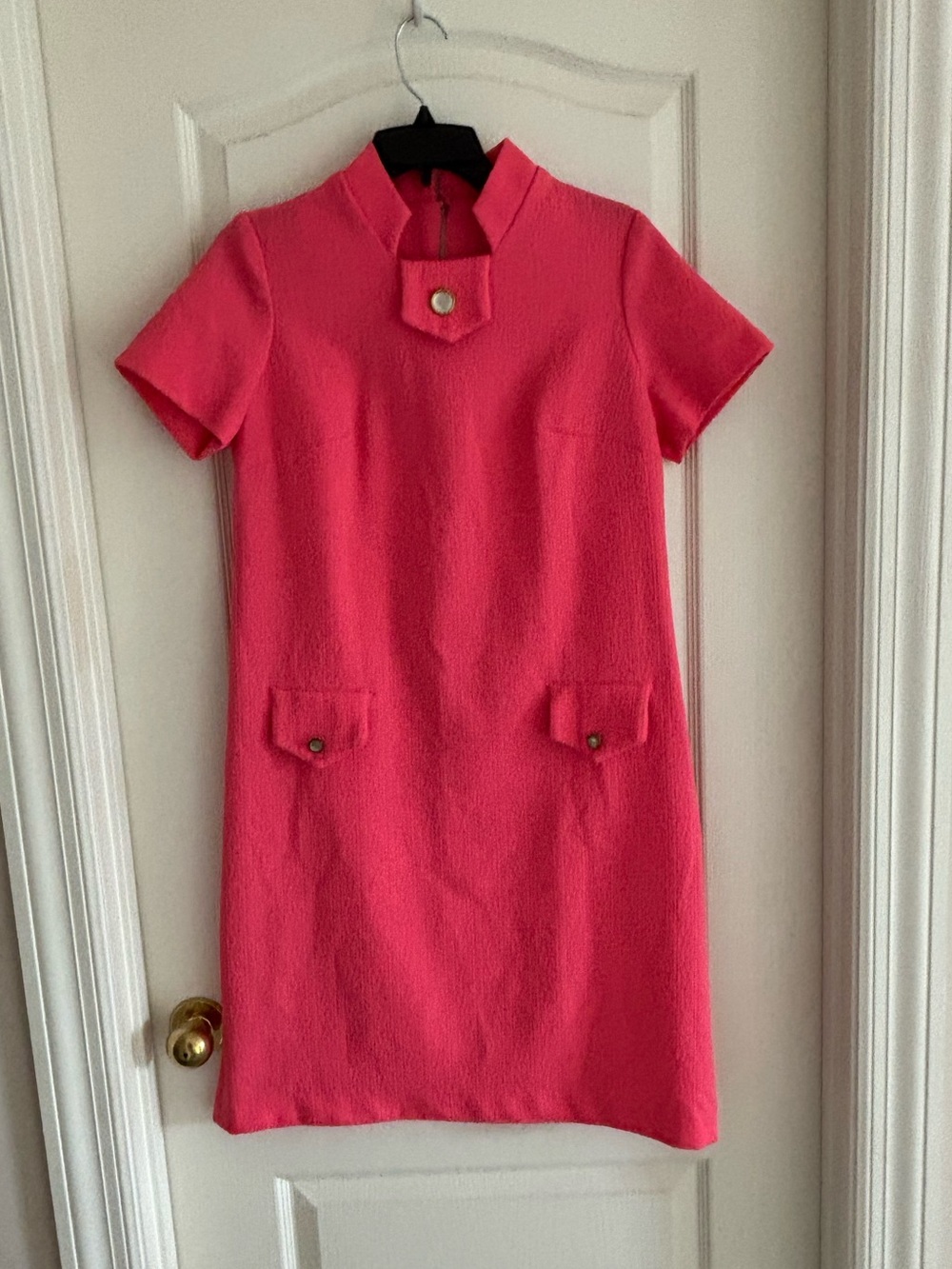 Vintage 60s 70s sz 14 1/2 Pink Short Sleeve Shift Dress poly knit textured midi